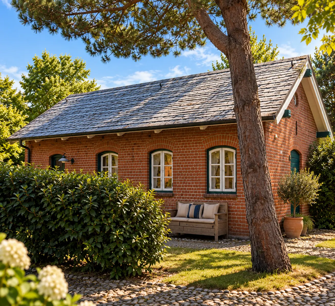 Das komplette Backsteinhaus Maison Lütt in Keitum auf Sylt mit Schindeldach und Garten im Vormittagslicht